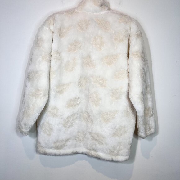 Fuzzy Sherpa Jacket Cream & Beige Leaf Pattern Cozy Full Zip Warm Coat - Picture 4 of 12